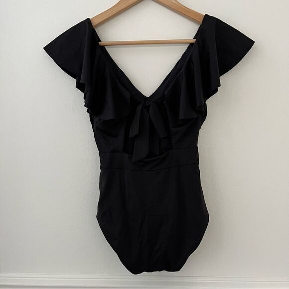 Trina Turk Monaco Solids Ruffle Plunge One Piece Swimsuit Size 2 NWT in Black - Picture 9 of 10